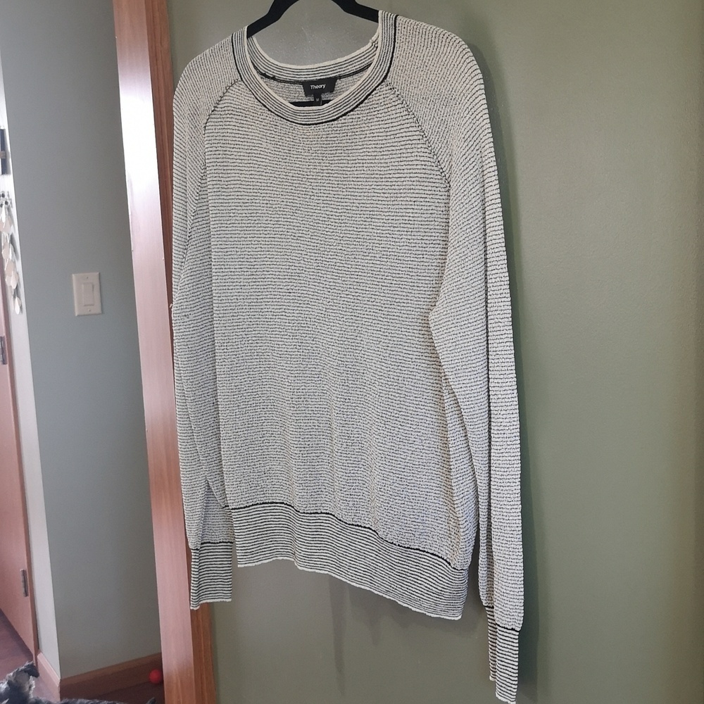 Theory Womens Amistair Crimp Knit Striped Pullover Top Ivory / Black Sz Medium
